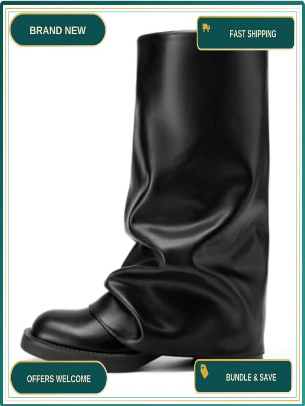 Athlefit Women's Fold Over Slouchy Mid Calf Boots Square Toe Pull On Chunky